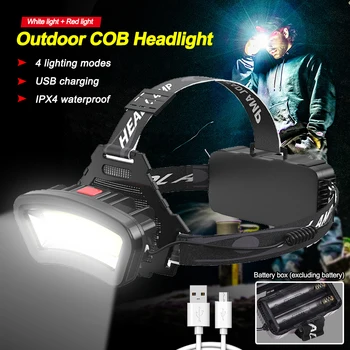 Портативный головной светильник COB, белый + красный свет, светодиодный налобный фонарь, 4 режима USB зарядки, фара для кемпинга, пеших прогулок, рыбалки, лампа