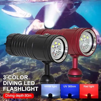 Многофункциональный светодиодный фонарик для Дайвинга, Рыбалки, Видео, подводной съемки, 80 м, светодиодный фонарь IPX8, Водный пруд, Белый/красный/УФ
