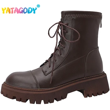 Женские ботильоны YATAGODY Размера 32-42, зима 2023, Женская обувь на толстом среднем каблуке со шнуровкой и молнией, Модные короткие ботинки на платформе Ins