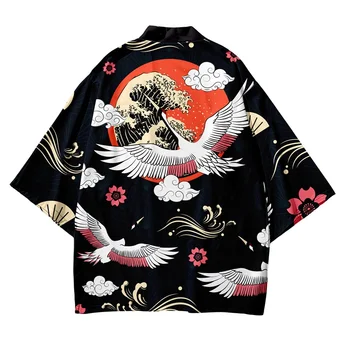 Японская одежда 2023, Летняя азиатская уличная одежда, кимоно с принтом Журавля в красной короне, Женские японские халаты и кимоно