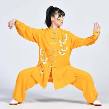 Женская Спортивная одежда для Утренних упражнений Из Дышащего Жемчужного хлопка, костюм Тан, Модная Одежда для боевых искусств с вышивкой Гинкго, Одежда для Тайцзи