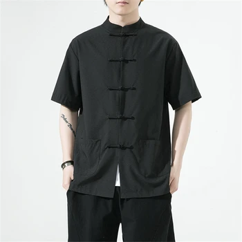 Летняя рубашка мужская Рубашка на пуговицах в китайском стиле Летние рубашки с коротким рукавом однотонные топы мужские