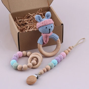 Погремушка для вязания крючком животных, Компактный деревянный детский прорезыватель, игрушки-пустышки, цепочки-пустышки