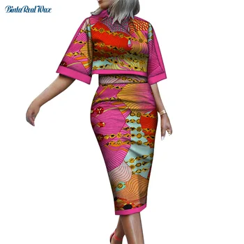 Комплекты топа и прямой юбки с восковым принтом в африканском стиле, комплект юбок из 2 предметов для женщин, Bazin Riche, одежда в африканском стиле с коротким рукавом WY7602