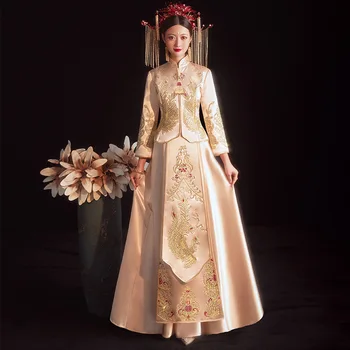Традиционный костюм Невесты В китайском стиле с вышивкой Феникса, Свадебное платье, Одежда для церемонии Произнесения тостов