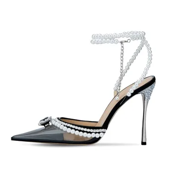 Прозрачные сандалии с острым носком, украшенные жемчугом и стразами, Женская летняя обувь на прозрачном каблуке
