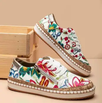 Женские кроссовки, Элегантные Туфли на плоской подошве со шнуровкой с Цветочным Принтом, Студенческая Весенняя Повседневная Обувь, Женская Вулканизированная обувь, Zapatillas Mujer