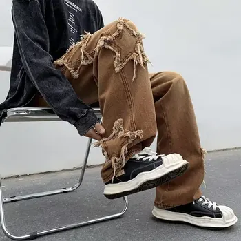 2022 Новые Модные Звезды Полотенце С Вышивкой Коричневые Мешковатые мужские Джинсовые брюки Y2K Одежда Прямые хлопковые брюки в стиле хип-хоп Pantalon Homme