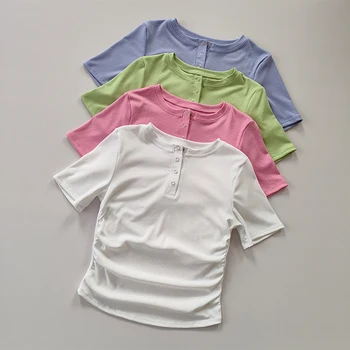 Новый женский летний тонкий топ с короткими рукавами, утягивающий, быстросохнущий, впитывающий пот Костюм для бега, йоги, Спортивная футболка из ткани