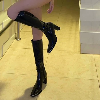 длинные сапоги на толстом каблуке 8 см, Осенняя черная обувь из лакированной кожи, Дизайнерские сапоги до колена, женские ботфорты 