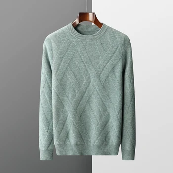 Осенне-зимний новый 100% шерстяной кашемировый свитер, мужской пуловер с круглым вырезом и подкладкой, плюс размер, вязаный топ со стразами, повседневная нижняя рубашка