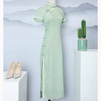 Летний Зеленый Длинный Чонсам для молодых девушек, Улучшенный китайский традиционный стиль, ретро-шоу, вечернее платье Ципао для женщин