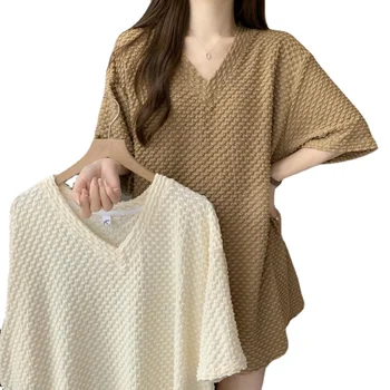 Платье-футболка большого размера весом 150,00 кг с V-образным вырезом и короткими рукавами для Полных девушек, Летний Свободный облегающий топ средней длины в ленивом стиле