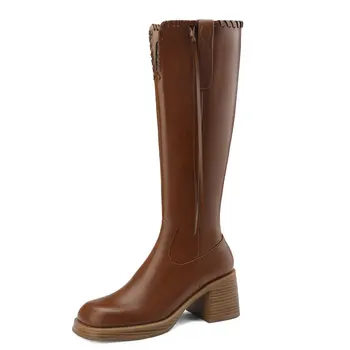 Брендовые женские сапоги до колена в стиле ретро на толстом высоком каблуке с квадратным носком, Женская офисная обувь из натуральной кожи, Осень-зима
