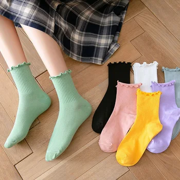 6 ярких цветов, антистатические эластичные носки с рюшами по краю, Kawaii, милые повседневные удобные женские носки для вечеринок