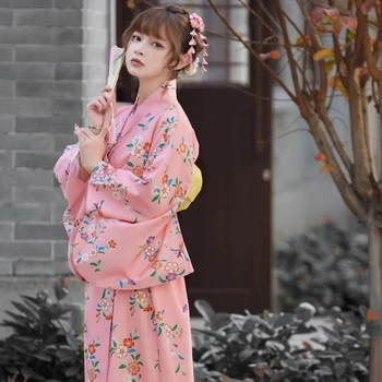 Женское Длинное платье в Японском стиле Розового цвета, Традиционное кимоно с Оби, костюм для Косплея, одежда для фотосъемки, Официальный халат Юката