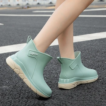 Новые Модные женские непромокаемые ботинки с короткой трубкой, уличные водонепроницаемые женские ботинки из ПВХ, Удобные Рабочие Ботинки без застежки, можно добавить Хлопок