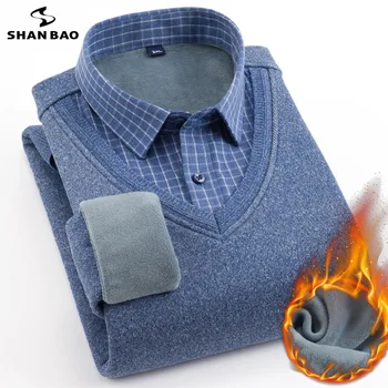 SHAN BAO 2021, осенне-зимняя брендовая флисовая толстая теплая рубашка с длинными рукавами, классическая деловая повседневная мужская рубашка высокого качества