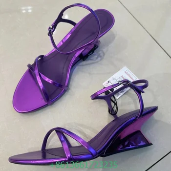Пикантные фиолетовые женские босоножки на высоком каблуке 2023, новый дизайн, модные босоножки на танкетке с перекрестным ремешком на щиколотке, открытый носок, блестящие босоножки для вечеринки и свадьбы