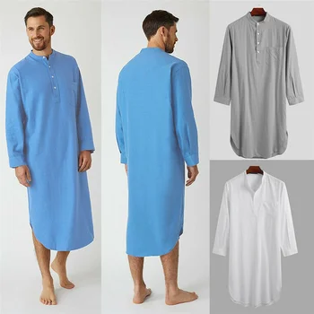 Хлопчатобумажная Исламская Одежда Мужская Длинная Ночная Рубашка Цельная Ночная Рубашка Большой Халат Кафтан Отпускное Саудовское Платье Мужчины Тобе Халат Мусульманин