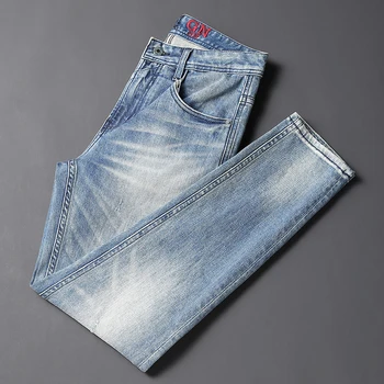 Модные мужские джинсы в стиле ретро, светло-голубые однотонные застиранные брюки, Эластичные облегающие рваные джинсы, Мужские винтажные дизайнерские джинсовые брюки