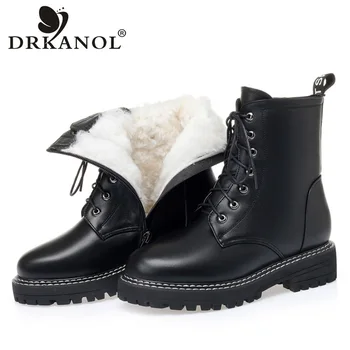 DRKANOL/ Модные зимние шерстяные теплые зимние ботинки, женские удобные ботильоны из натуральной кожи, Трендовая Женская обувь на платформе в уличном стиле