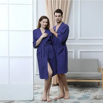 Pajamas new women's nightgown couple kimono waffle short-sleeved мужской банный халат home bathrobe Size M L XL