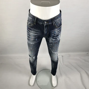 Уличная Мода Мужские Джинсы Высокого качества Эластичный Стрейч Slim Fit Винтажные Рваные джинсы Мужские Раскрашенные Дизайнерские Брендовые брюки Hombre