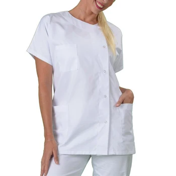 Женская рабочая форма, Женское Мужское медицинское платье без воротника с коротким рукавом, лабораторный халат, рабочая одежда, Топы, Свободная рабочая одежда