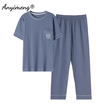 Плюс Размер Роскошной мужской летней пижамы, Трикотажная хлопчатобумажная пижама, Длинные брюки с короткими рукавами, Модная Элегантная мужская одежда для сна для отдыха