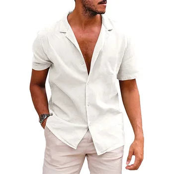 Мужская льняная футболка Большого размера, Летняя Повседневная Свободная Однотонная рубашка-кардиган на пуговицах, мужской модный топ