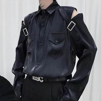 Функциональная индивидуальность, рубашка с открытыми плечами и длинными рукавами, мужская рубашка с металлической пряжкой, дизайнерский стиль, Нишевая рубашка с темпераментом, модный топ с отворотом