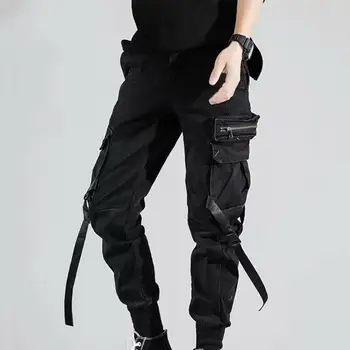 Прямая поставка!! Мужские брюки с однотонным ремешком, множеством карманов, осенние брюки-карго в стиле хип-хоп для уличных танцев