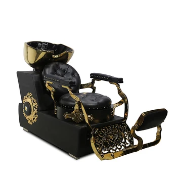 Классическое кресло для мытья с откидной спинкой из черной тафтинговой кожи, ретро-золотое кресло для шампуня в салоне красоты для парикмахерской