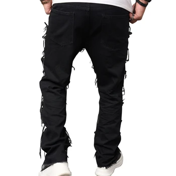 Многослойные джинсы для мужчин, рваные джинсы, облегающие многослойные джинсовые брюки, Винтажные джинсы в стиле хип-хоп в стиле пэчворк, Уличная одежда, брюки