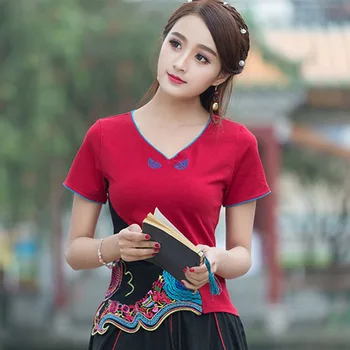 Женские топы Hanfu от Cheongsam 2023, Летняя мода, рубашки в китайском стиле с вышивкой из смесового хлопка с V-образным вырезом и коротким рукавом, Женские рубашки в китайском стиле