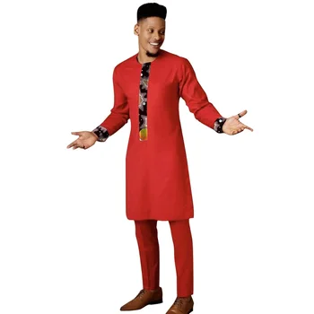 Праздничные Красные Мужские Комплекты в нигерийском стиле, Модные Топы в стиле пэчворк С однотонными брюками, Костюмы жениха, Африканские Наряды Для Свадебной Вечеринки