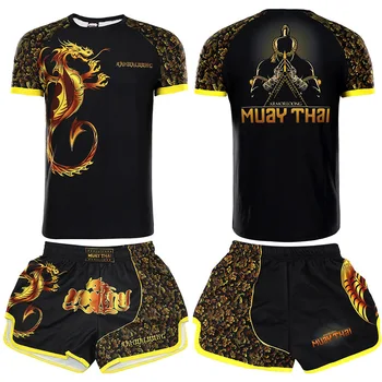 Шорты Dragon Muay Thai MMA Rashguard Рубашки Мужские Детские Боевые Искусства Bjj Sanda Боксерская Тренировочная Одежда Футболка Для Кикбоксинга Комплект Брюк
