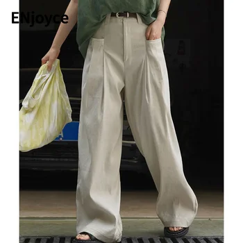 2023 Летние женские винтажные дизайнерские льняные широкие брюки с карманами, женские повседневные свободные брюки в корейском стиле с высокой талией,
