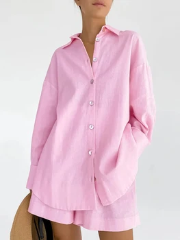 Комплект розовых пижам Lovship для женщин, Шорты из 100% хлопка, Пижама с длинными рукавами для девочек, Летняя пижама на пуговицах из двух предметов, одежда для отдыха