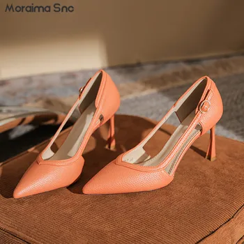 Оранжевая боковая пустая пряжка на высоком каблуке-шпильке с острым носком, Модные профессиональные туфли-лодочки с мелким носком для поездок на работу, Женская обувь