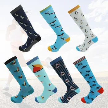 Футбольные Компрессионные носки с длинной трубкой до икр для мужчин и женщин, Баскетбольные носки для взрослых, Весна и лето, Мультяшный Пингвин, Петух, Обезьяна, акула