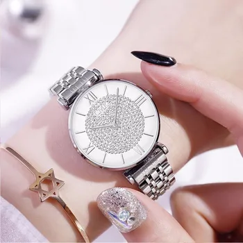 Серебряные часы для женщин, водонепроницаемые кварцевые наручные часы из нержавеющей стали, плюшевые модные женские часы с бриллиантами, подарок