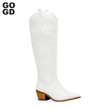GOGD/осенне-зимние белые сапоги до колена в стиле ретро, большие размеры 41, женские удобные ковбойские сапоги в западном стиле для прогулок, обувь по оптовым ценам
