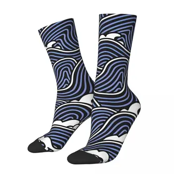 Забавный счастливый носок для мужчин, синий волнистый узор в стиле хип-хоп, Японская волна, дышащий носок с принтом Экипажа, повседневный подарок