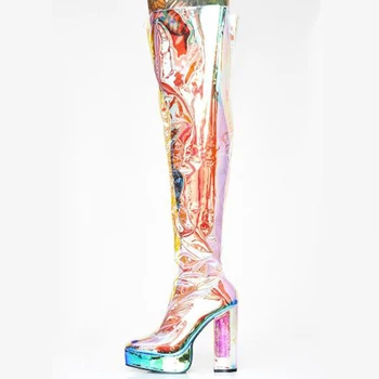 2022 Г. Зеркальные сапоги выше колена с металлическим блеском, Прозрачные Сапоги на толстом каблуке, молнии, Блестящие туфли из ПВХ с кристаллами