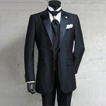 Сшитый по индивидуальному заказу мужской костюм на заказ, Черные смокинги жениха на одной пуговице с отворотом (пиджак + Брюки + жилет)