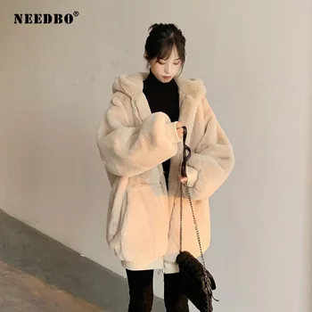 NEEDBO, Плюшевая куртка, Женское Зимнее Корейское Пальто с капюшоном Большого Размера с длинным рукавом, Толстая Теплая пара, Уличная одежда 2021, Пальто Женское