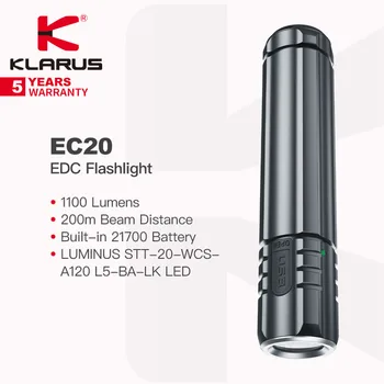 Портативный EDC-фонарик Klarus EC20, Встроенная перезаряжаемая батарея 21700, Дальность луча 1100 Люмен 200 м, для кемпинга, Ежедневного использования