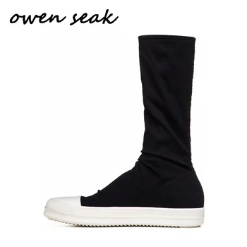 Owen Seak/ женские ботфорты выше колена, роскошные кроссовки, зимние парусиновые ботинки, Повседневная обувь на плоской подошве, Черная обувь большого размера